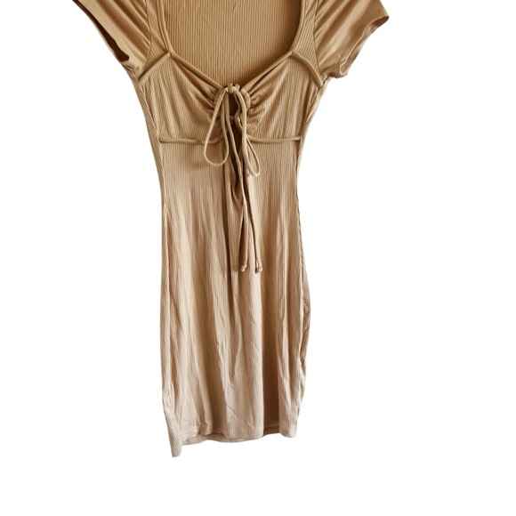 May Pink Tan Ribbed Tie-Front Dress - Picture 3 of 5